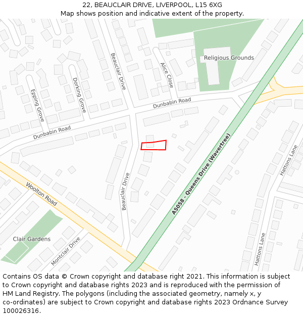 22, BEAUCLAIR DRIVE, LIVERPOOL, L15 6XG: Location map and indicative extent of plot