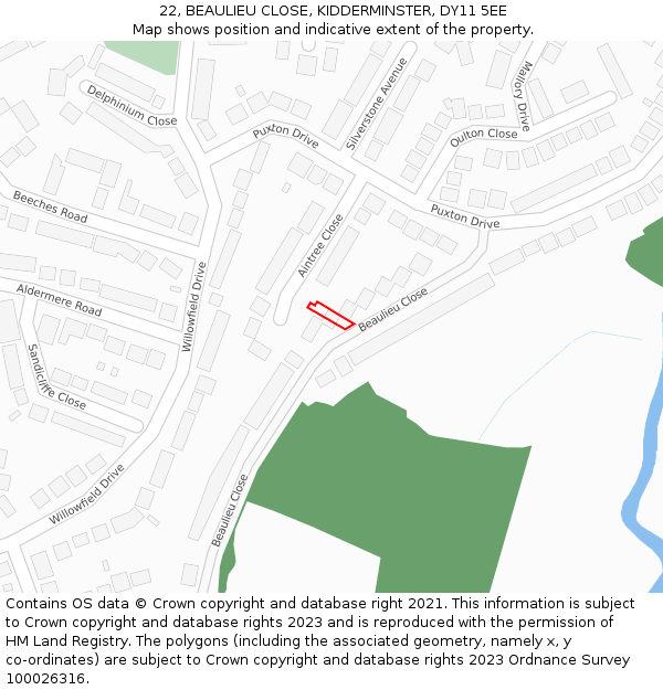 22, BEAULIEU CLOSE, KIDDERMINSTER, DY11 5EE: Location map and indicative extent of plot