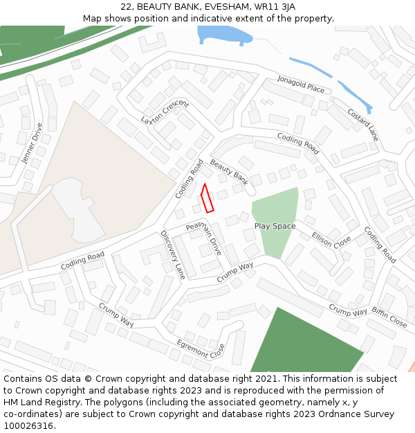 22, BEAUTY BANK, EVESHAM, WR11 3JA: Location map and indicative extent of plot