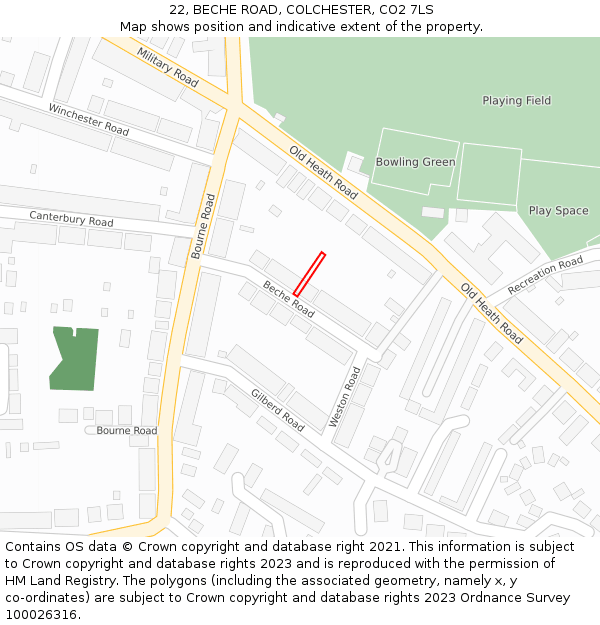 22, BECHE ROAD, COLCHESTER, CO2 7LS: Location map and indicative extent of plot