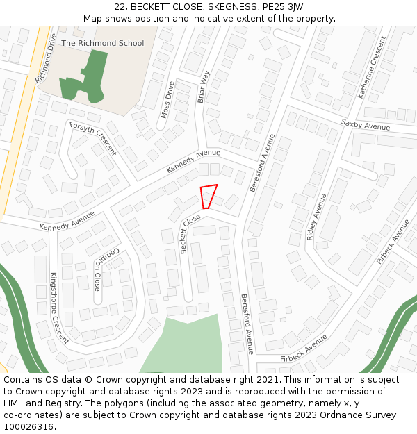 22, BECKETT CLOSE, SKEGNESS, PE25 3JW: Location map and indicative extent of plot