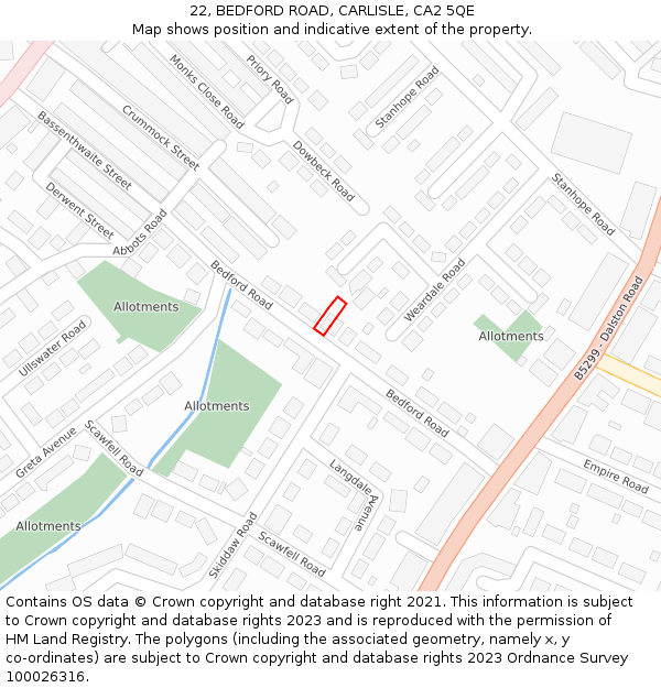 22, BEDFORD ROAD, CARLISLE, CA2 5QE: Location map and indicative extent of plot