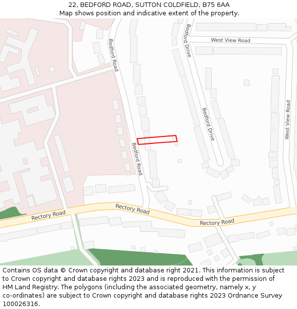 22, BEDFORD ROAD, SUTTON COLDFIELD, B75 6AA: Location map and indicative extent of plot