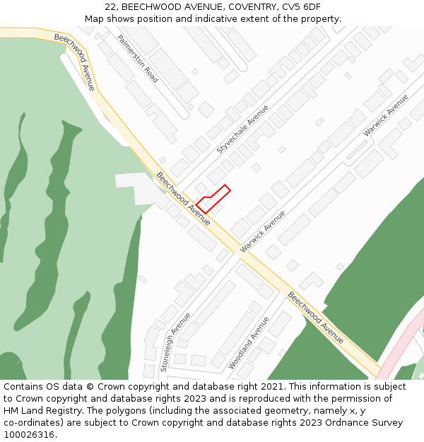 22, BEECHWOOD AVENUE, COVENTRY, CV5 6DF: Location map and indicative extent of plot