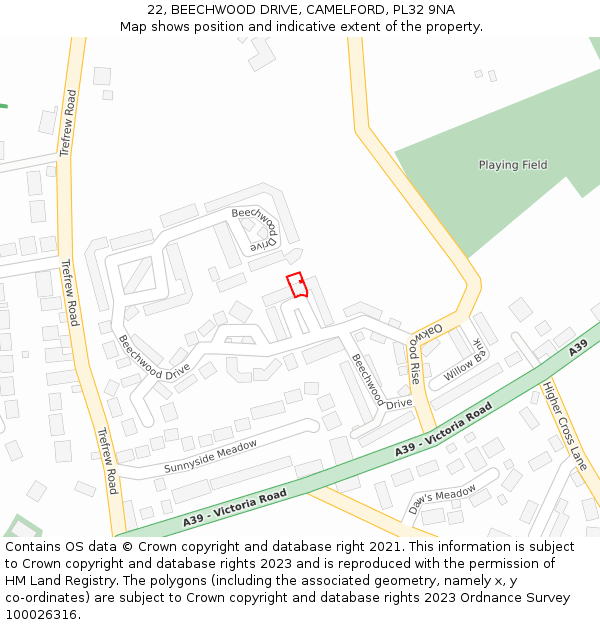 22, BEECHWOOD DRIVE, CAMELFORD, PL32 9NA: Location map and indicative extent of plot