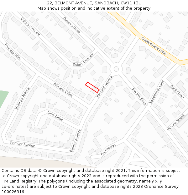 22, BELMONT AVENUE, SANDBACH, CW11 1BU: Location map and indicative extent of plot