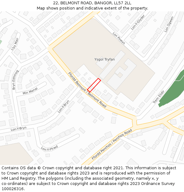 22, BELMONT ROAD, BANGOR, LL57 2LL: Location map and indicative extent of plot