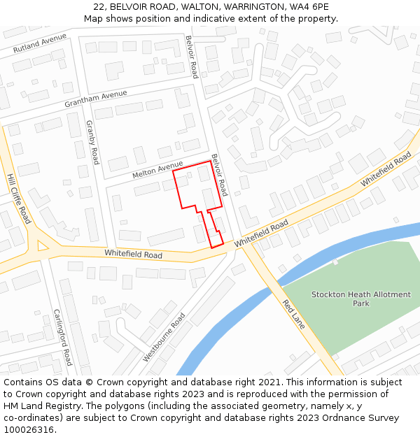 22, BELVOIR ROAD, WALTON, WARRINGTON, WA4 6PE: Location map and indicative extent of plot