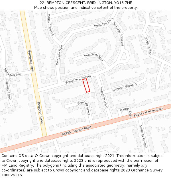 22, BEMPTON CRESCENT, BRIDLINGTON, YO16 7HF: Location map and indicative extent of plot