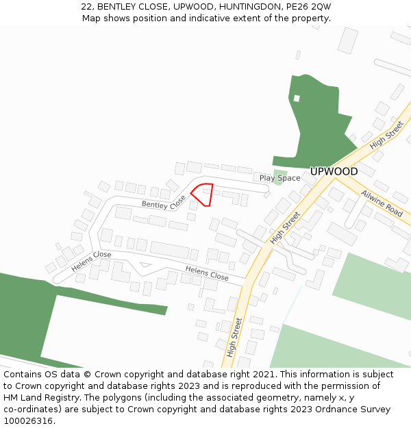 22, BENTLEY CLOSE, UPWOOD, HUNTINGDON, PE26 2QW: Location map and indicative extent of plot