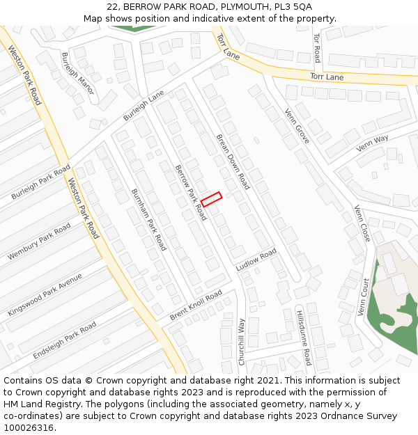 22, BERROW PARK ROAD, PLYMOUTH, PL3 5QA: Location map and indicative extent of plot
