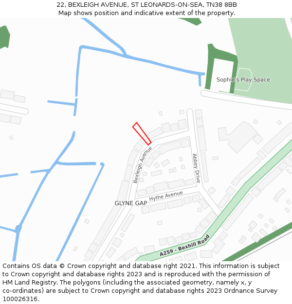 22, BEXLEIGH AVENUE, ST LEONARDS-ON-SEA, TN38 8BB: Location map and indicative extent of plot