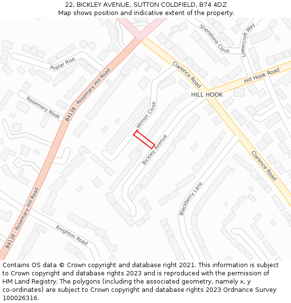 22, BICKLEY AVENUE, SUTTON COLDFIELD, B74 4DZ: Location map and indicative extent of plot