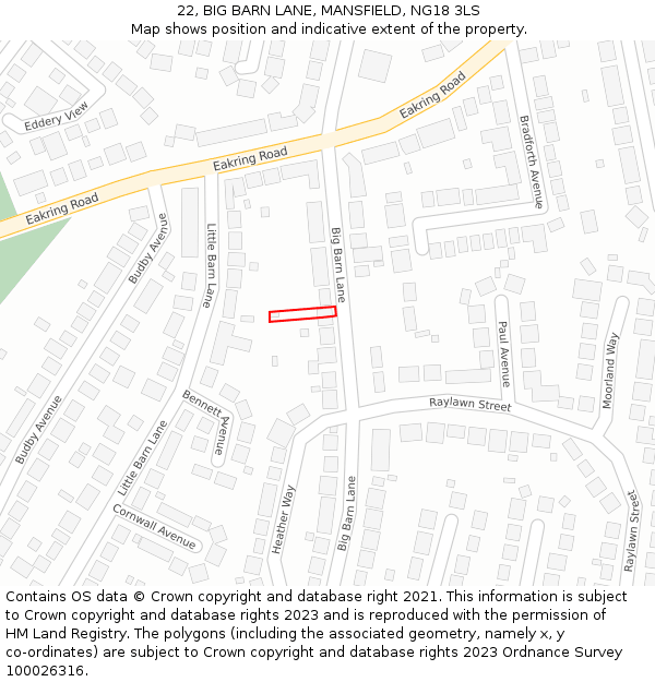 22, BIG BARN LANE, MANSFIELD, NG18 3LS: Location map and indicative extent of plot