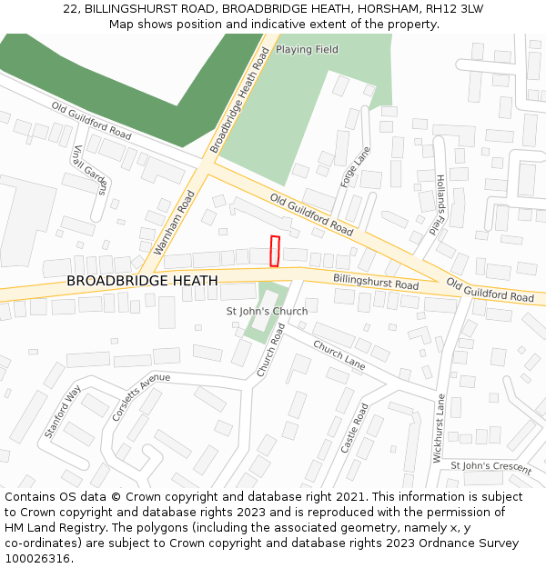 22, BILLINGSHURST ROAD, BROADBRIDGE HEATH, HORSHAM, RH12 3LW: Location map and indicative extent of plot