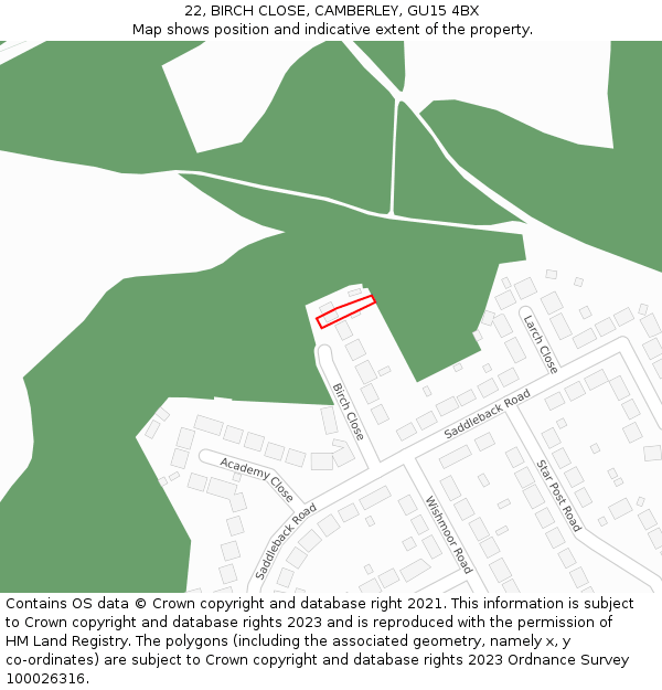 22, BIRCH CLOSE, CAMBERLEY, GU15 4BX: Location map and indicative extent of plot