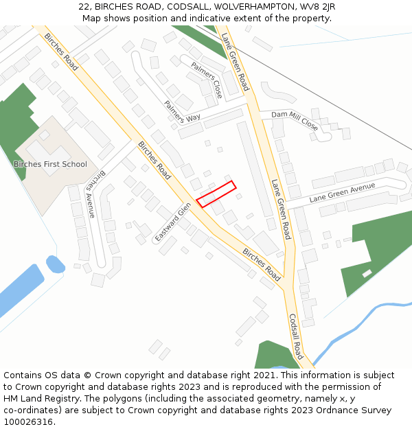 22, BIRCHES ROAD, CODSALL, WOLVERHAMPTON, WV8 2JR: Location map and indicative extent of plot