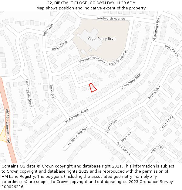 22, BIRKDALE CLOSE, COLWYN BAY, LL29 6DA: Location map and indicative extent of plot