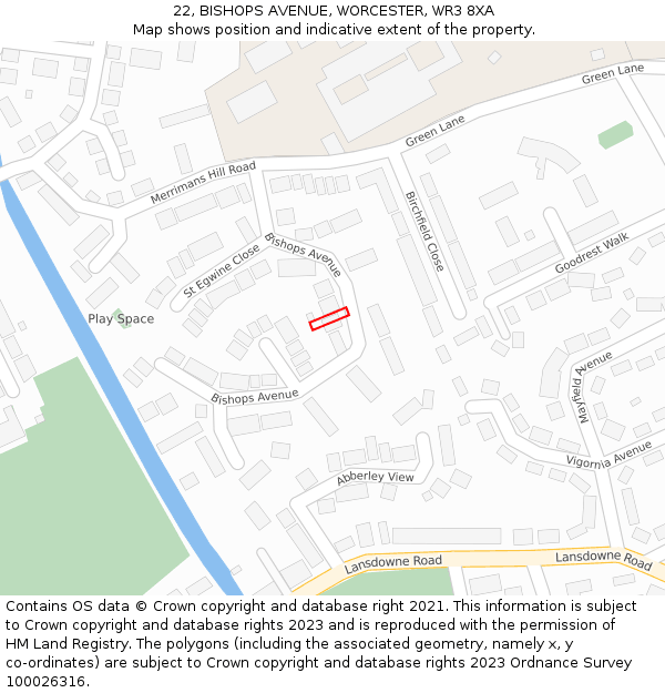 22, BISHOPS AVENUE, WORCESTER, WR3 8XA: Location map and indicative extent of plot