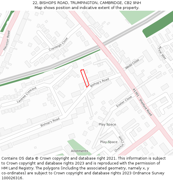 22, BISHOPS ROAD, TRUMPINGTON, CAMBRIDGE, CB2 9NH: Location map and indicative extent of plot