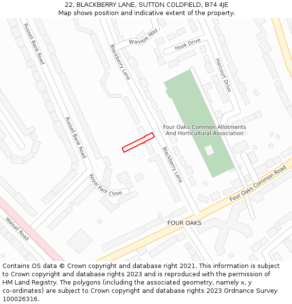 22, BLACKBERRY LANE, SUTTON COLDFIELD, B74 4JE: Location map and indicative extent of plot