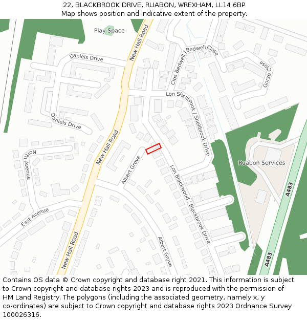 22, BLACKBROOK DRIVE, RUABON, WREXHAM, LL14 6BP: Location map and indicative extent of plot