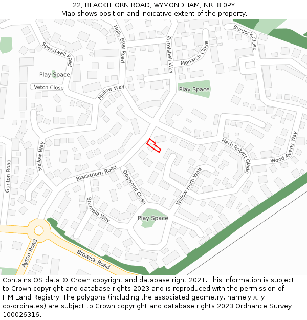 22, BLACKTHORN ROAD, WYMONDHAM, NR18 0PY: Location map and indicative extent of plot