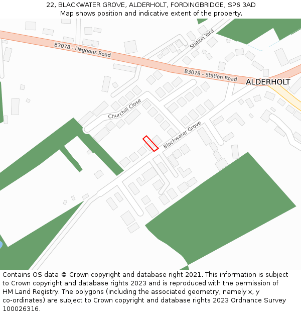 22, BLACKWATER GROVE, ALDERHOLT, FORDINGBRIDGE, SP6 3AD: Location map and indicative extent of plot