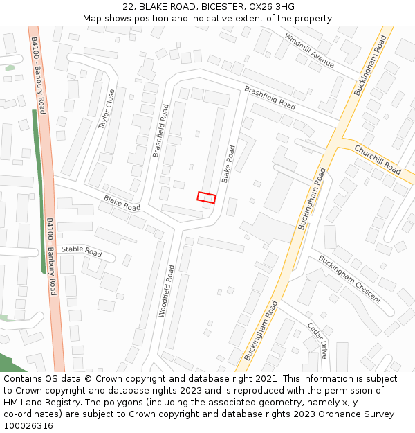 22, BLAKE ROAD, BICESTER, OX26 3HG: Location map and indicative extent of plot