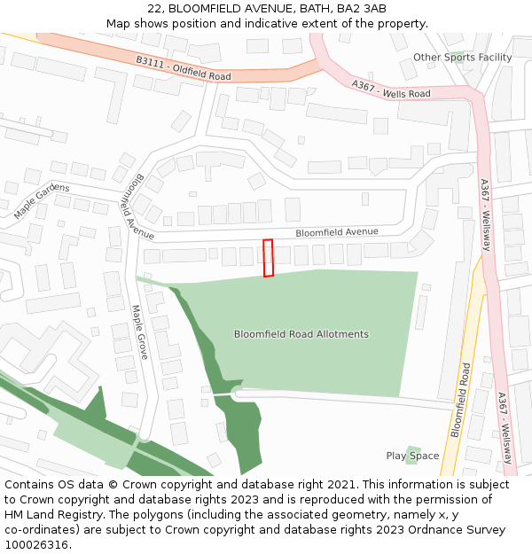 22, BLOOMFIELD AVENUE, BATH, BA2 3AB: Location map and indicative extent of plot