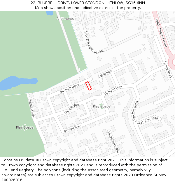 22, BLUEBELL DRIVE, LOWER STONDON, HENLOW, SG16 6NN: Location map and indicative extent of plot