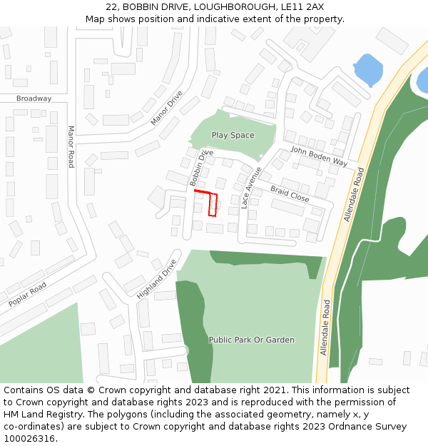 22, BOBBIN DRIVE, LOUGHBOROUGH, LE11 2AX: Location map and indicative extent of plot