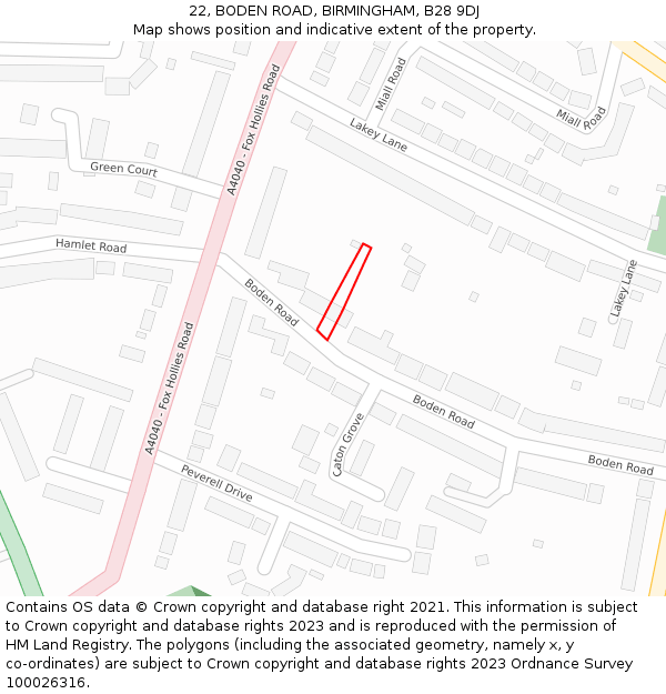 22, BODEN ROAD, BIRMINGHAM, B28 9DJ: Location map and indicative extent of plot