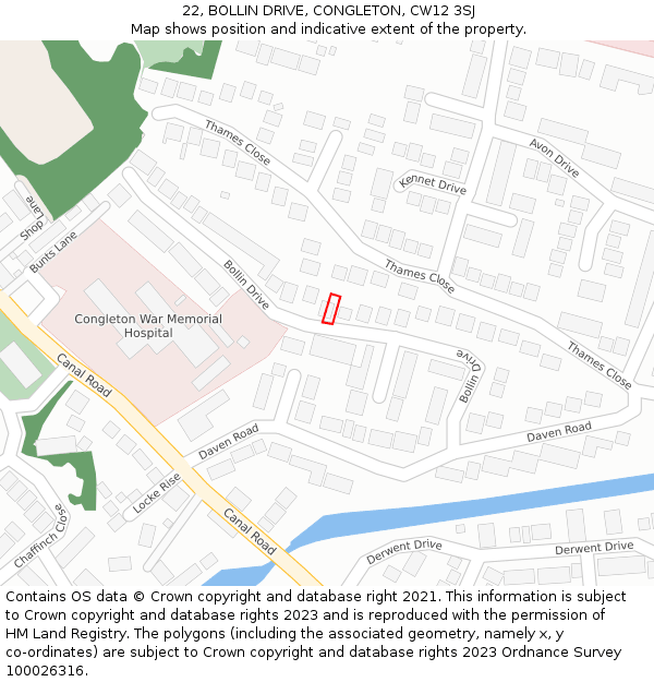 22, BOLLIN DRIVE, CONGLETON, CW12 3SJ: Location map and indicative extent of plot