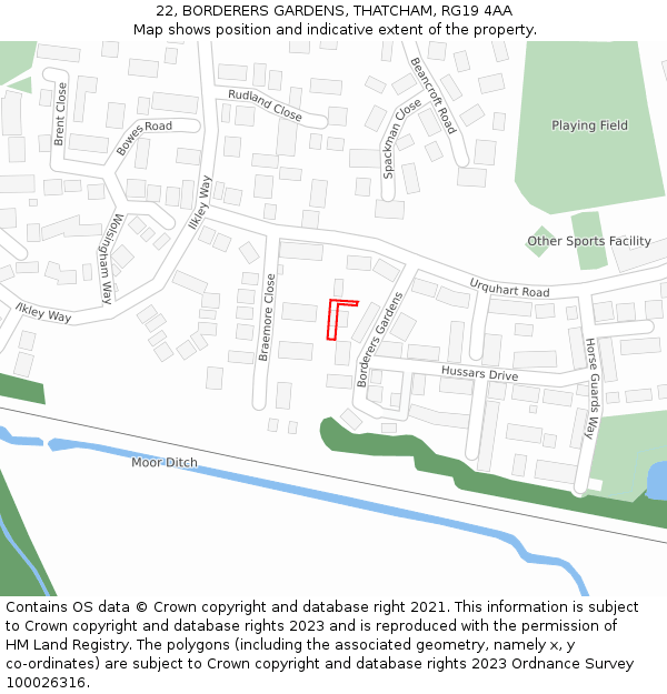 22, BORDERERS GARDENS, THATCHAM, RG19 4AA: Location map and indicative extent of plot