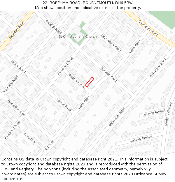 22, BOREHAM ROAD, BOURNEMOUTH, BH6 5BW: Location map and indicative extent of plot