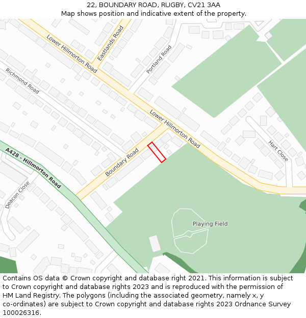 22, BOUNDARY ROAD, RUGBY, CV21 3AA: Location map and indicative extent of plot