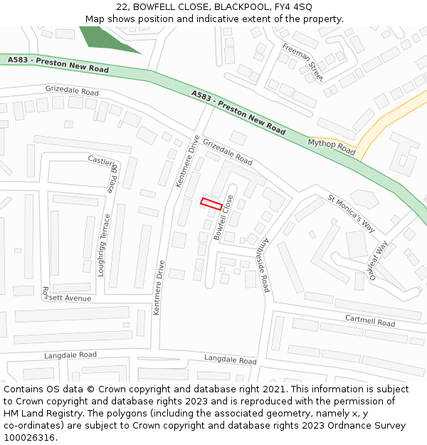 22, BOWFELL CLOSE, BLACKPOOL, FY4 4SQ: Location map and indicative extent of plot