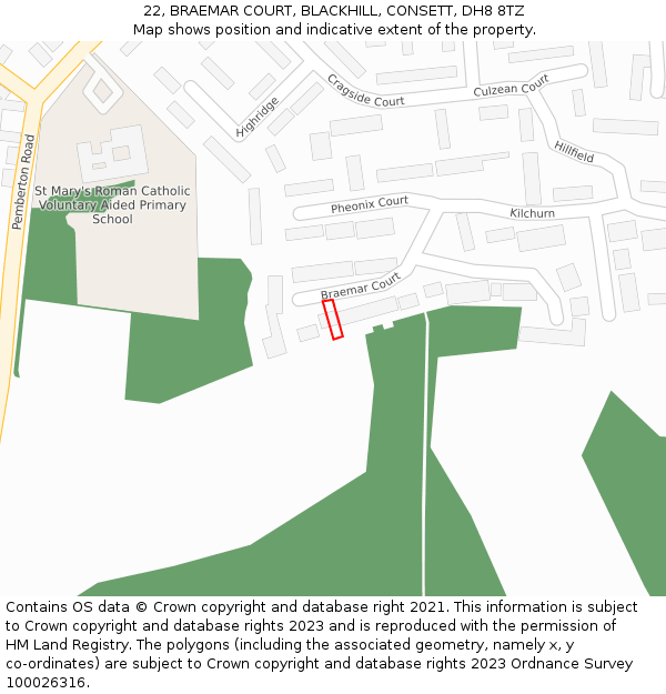 22, BRAEMAR COURT, BLACKHILL, CONSETT, DH8 8TZ: Location map and indicative extent of plot