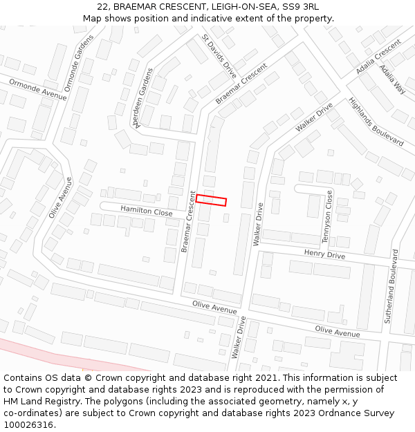 22, BRAEMAR CRESCENT, LEIGH-ON-SEA, SS9 3RL: Location map and indicative extent of plot