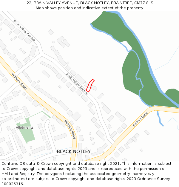 22, BRAIN VALLEY AVENUE, BLACK NOTLEY, BRAINTREE, CM77 8LS: Location map and indicative extent of plot