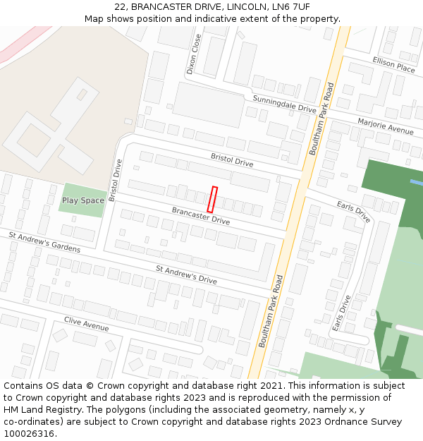 22, BRANCASTER DRIVE, LINCOLN, LN6 7UF: Location map and indicative extent of plot