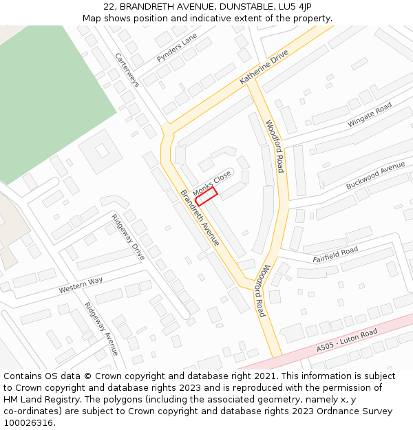 22, BRANDRETH AVENUE, DUNSTABLE, LU5 4JP: Location map and indicative extent of plot