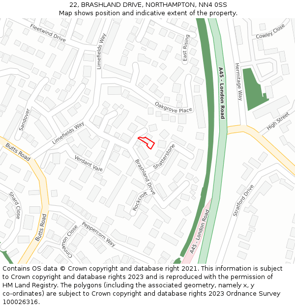 22, BRASHLAND DRIVE, NORTHAMPTON, NN4 0SS: Location map and indicative extent of plot