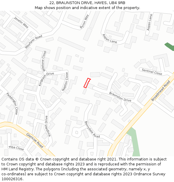 22, BRAUNSTON DRIVE, HAYES, UB4 9RB: Location map and indicative extent of plot