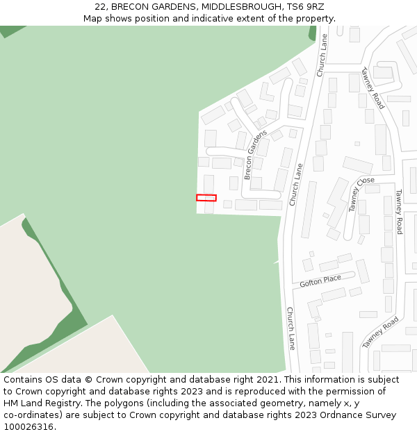 22, BRECON GARDENS, MIDDLESBROUGH, TS6 9RZ: Location map and indicative extent of plot