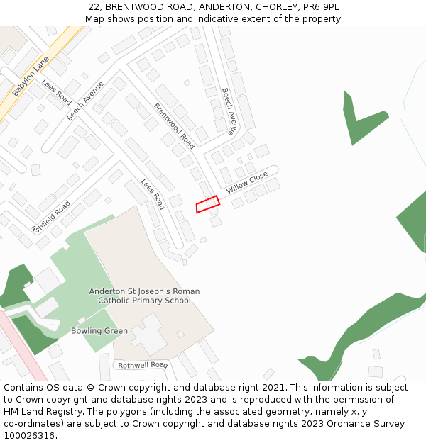 22, BRENTWOOD ROAD, ANDERTON, CHORLEY, PR6 9PL: Location map and indicative extent of plot