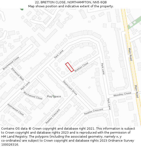 22, BRETTON CLOSE, NORTHAMPTON, NN5 6QB: Location map and indicative extent of plot