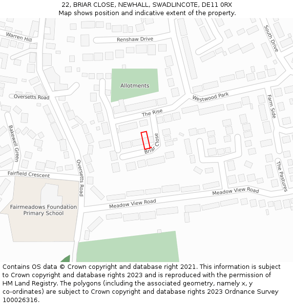 22, BRIAR CLOSE, NEWHALL, SWADLINCOTE, DE11 0RX: Location map and indicative extent of plot