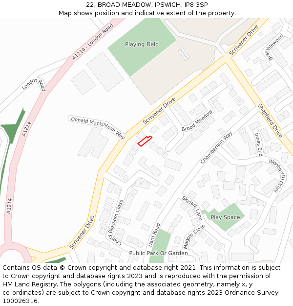 22, BROAD MEADOW, IPSWICH, IP8 3SP: Location map and indicative extent of plot